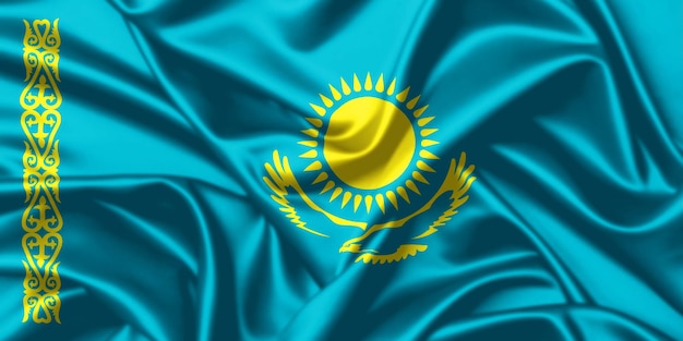 Foto república de kazajstán ondeando la bandera nacional de cerca textura de seda satén ilustración de fondo