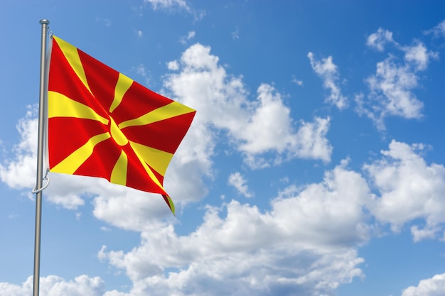 República de Macedonia Banderas sobre fondo de cielo azul Ilustración 3D