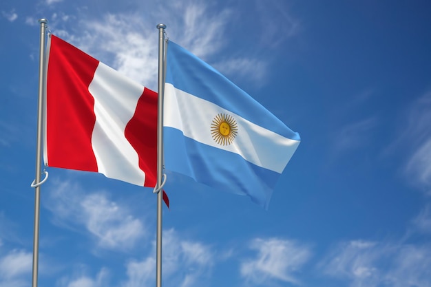 Republik Peru und Argentinien Fahnen über blauen Himmelshintergrund 3D-Darstellung