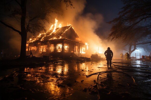 El rescatista lucha contra las brasas ardientes en el agua de la casa quemada proporcionando ayuda esencial