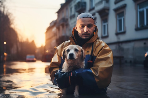 Un rescatista masculino ayuda a un perro mascota asustado a evacuar en una inundación Un devastador desastre natural generado por la IA