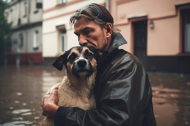 Un rescatista masculino ayuda a un perro mascota asustado a evacuar en una inundación Un devastador desastre natural generado por la IA