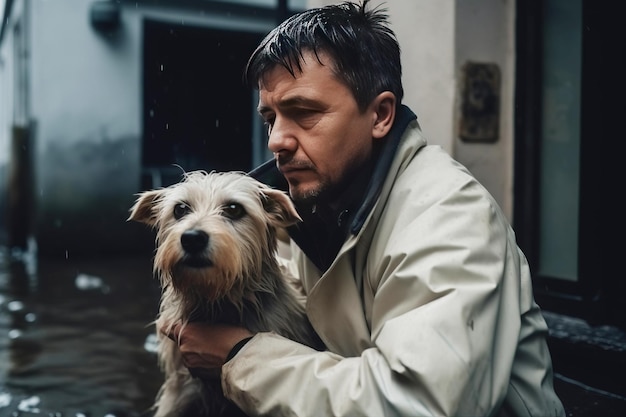 Un rescatista masculino ayuda a un perro mascota asustado a evacuar en una inundación Un devastador desastre natural generado por la IA