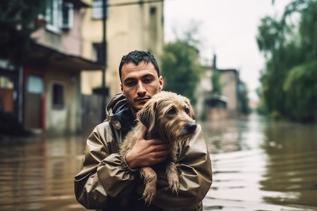 Un rescatista masculino ayuda a un perro mascota asustado a evacuar en una inundación Un devastador desastre natural generado por la IA