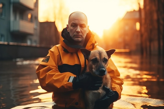 Un rescatista masculino ayuda a un perro mascota asustado a evacuar en una inundación devastadora desastre natural generado por la IA