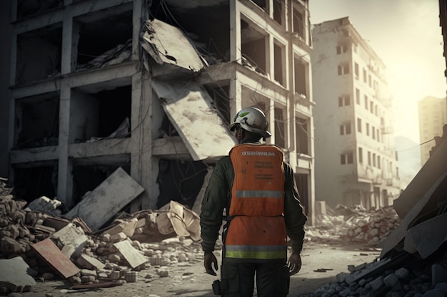 Los rescatistas en uniforme y cascos desmantelan los escombros de las casas después del terremoto la ciudad en ruinas y el desastre de los edificios de varios pisos las consecuencias de un fuerte terremoto IA generativa