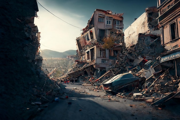 Los rescatistas en uniforme y cascos desmantelan los escombros de las casas después del terremoto la ciudad en ruinas y el desastre de los edificios de varios pisos las consecuencias de un fuerte terremoto IA generativa