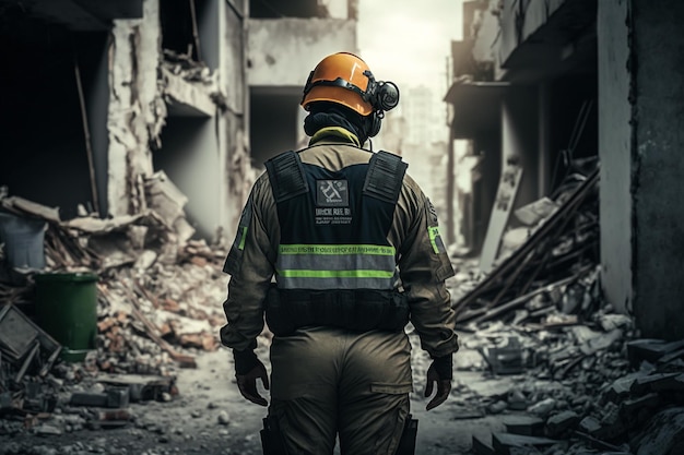 Los rescatistas en uniforme y cascos desmantelan los escombros de las casas después del terremoto la ciudad en ruinas y el desastre de los edificios de varios pisos las consecuencias de un fuerte terremoto IA generativa