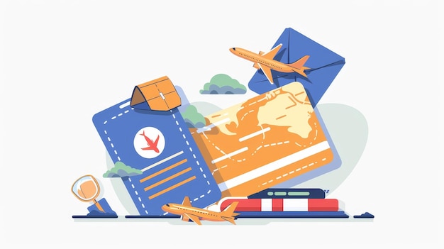 Reserva en línea de billetes de avión vacaciones viajes y facturas de vuelo Una ilustración moderna de una tarjeta de embarque de una aerolínea con documentos de pasaporte y facturación de avión