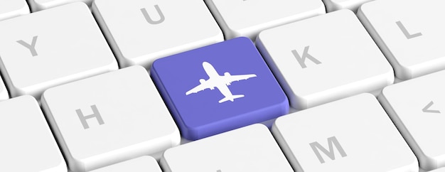 Reserva en línea de viaje en avión Botón de tecla azul con un icono de avión en un banner de teclado de computadora Ilustración 3d