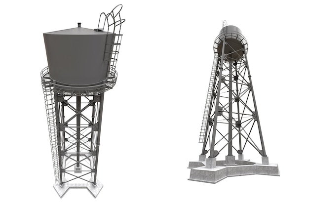 Foto reservatório de recursos hídricos da ilustração 3d da torre de água e estrutura metálica alta industrial