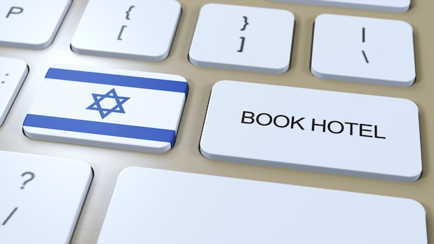 Reserve un hotel en Israel con el sitio web en línea Botón en el teclado de la computadora Concepto de viaje 3D