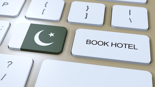 Reserve un hotel en Pakistán con el sitio web en línea Botón en el teclado de la computadora Concepto de viaje 3D