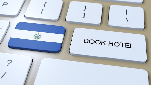 Reserve hotel en El Salvador con el sitio web en línea Botón en el teclado de la computadora Concepto de viaje 3D