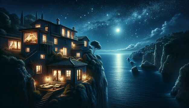 Foto residencia a la orilla del mar iluminada por la luna una noche de serena reflexión