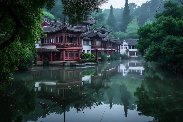 Residencia tradicional china en medio de la exuberancia