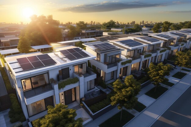 Las residencias alimentadas por energía solar en un suburbio sereno muestran el futuro de la vida sostenible contra un