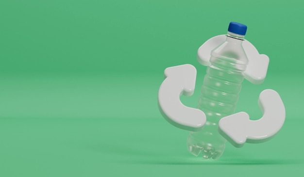 Residuos de botellas de agua de plástico con un símbolo de reciclaje 3D Rendering