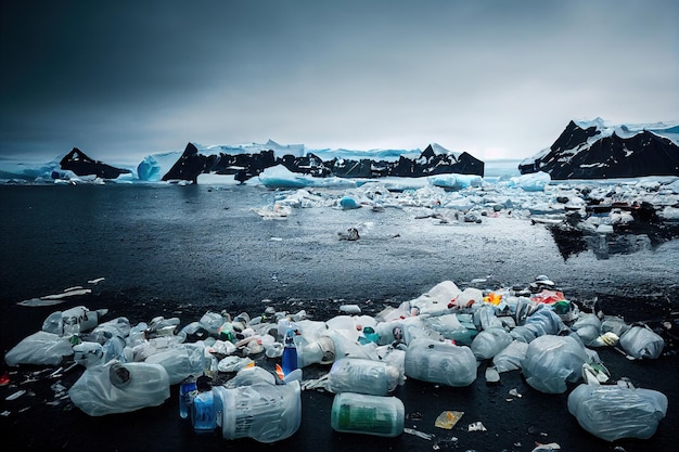 Resíduos de garrafas de plástico lavados na costa atlântica do norte do ambiente poluído da praia