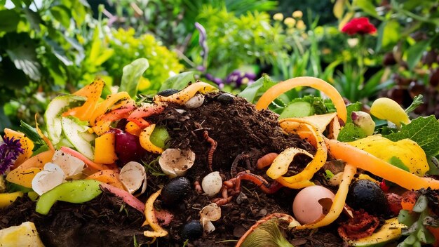 Foto residuos domésticos para compost de frutas y verduras en el jardín