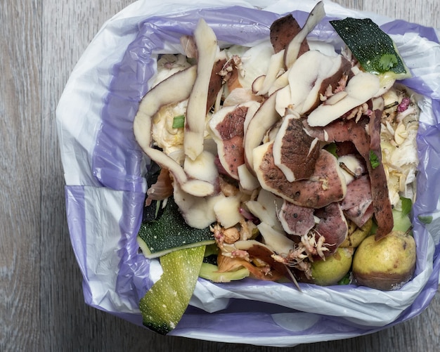 Resíduos orgânicos em um balde de cozinha, resíduos de alimentos para compostagem e reciclagem, vista de cima. reciclagem de resíduos plásticos. coleta de lixo separada. cuidando do meio ambiente na terra