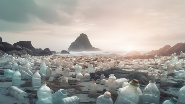 Residuos plásticos en la costa del mar o del océano Contaminación global IA generativa