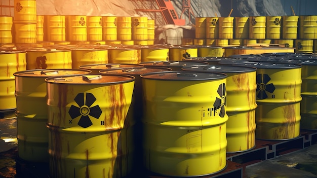 Foto resíduos radioativos uma enorme pilha de barris amarelos generative ai