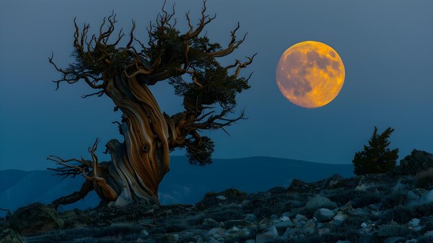 Resiliencia atemporal Una silueta de pino de bristlecone contra la luna naciente en el desierto de Patriarch Grove