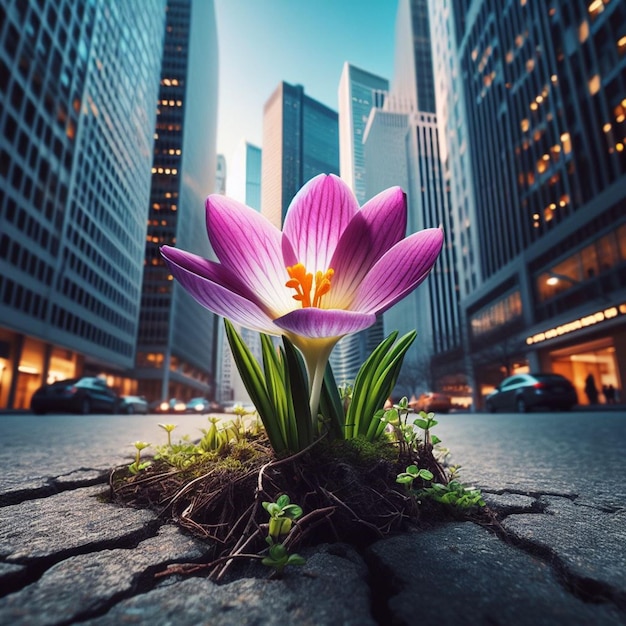 Resiliencia urbana una flor de primavera vibrante emerge a través de las grietas del pavimento contra los rascacielos de la ciudad