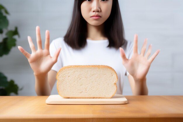 Foto resistiendo la rebanada mujer asiática que rechaza el pan blanco debido a la alergia al gluten y las molestias estomacales