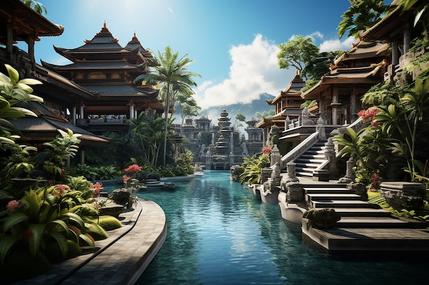 Resort auf Bali, Indonesien mit Teich und Hindu-Tempel als Urlaubsziel an einem hellen Tag