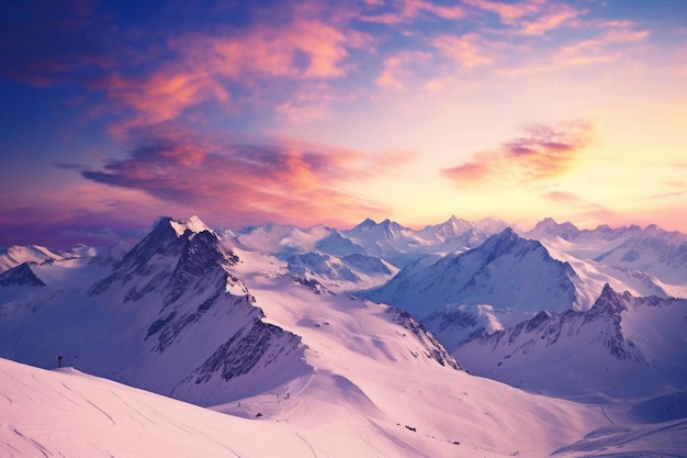 Resort de esqui com picos cobertos de neve contra um céu crepúsculo