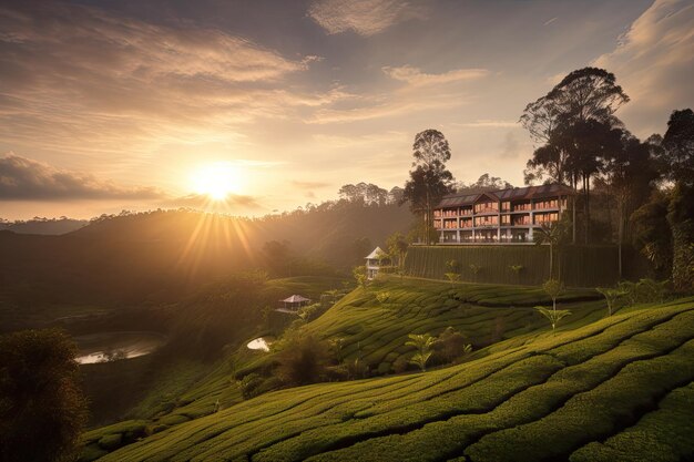 Resort de luxo cercado por plantações de chá e pôr do sol ao fundo