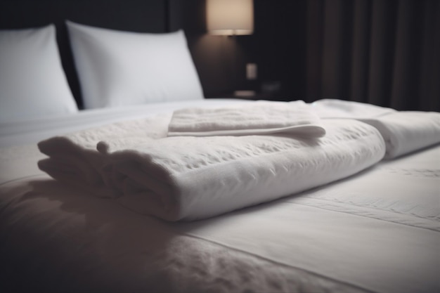 Resort de serviço de hotel de luxo fresco, quarto de casa, toalha de cama branca Generative AI