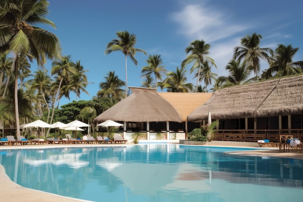 Resort junto a la playa con bar junto a la piscina que sirve bebidas y bocadillos