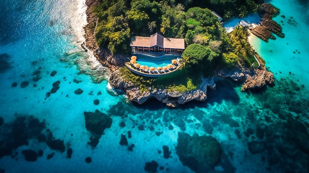 Un resort de lujo en una isla apartada que cuenta con una piscina infinita con vista al océano cristalino