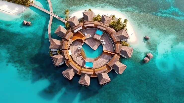 Resort de lujo con villas sobre el agua en la isla del atolón tropical Ai generativo