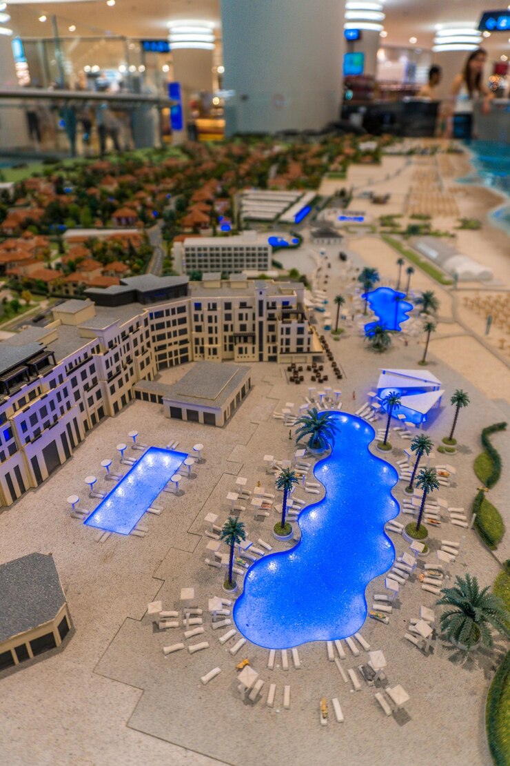 Foto resort maket exibindo produtos de viagens e férias