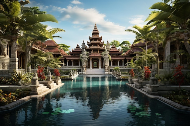 Resort mit Hindu-Tempel als Kultur in Bali, Indonesien, mit Teich am hellen Tag