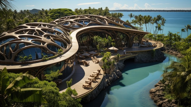 Resort de playa de bambú con piscina.