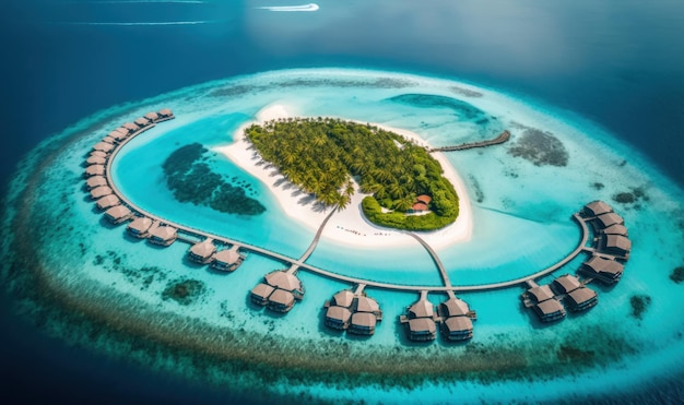 Resort tropical de luxo com villas aquáticas e belas paisagens de praia
