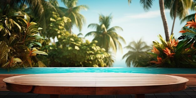 Foto resort tropical con mesa vacía y piscina ideal para la exhibición de productos