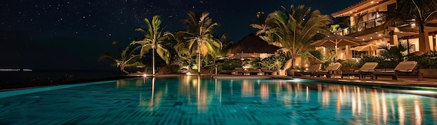 Resort tropical con piscina infinita al anochecer vista panorámica concepto de viajes y vacaciones de lujo