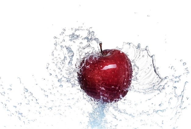 Foto respingo de água em uma maçã vermelha. sobre um fundo branco.