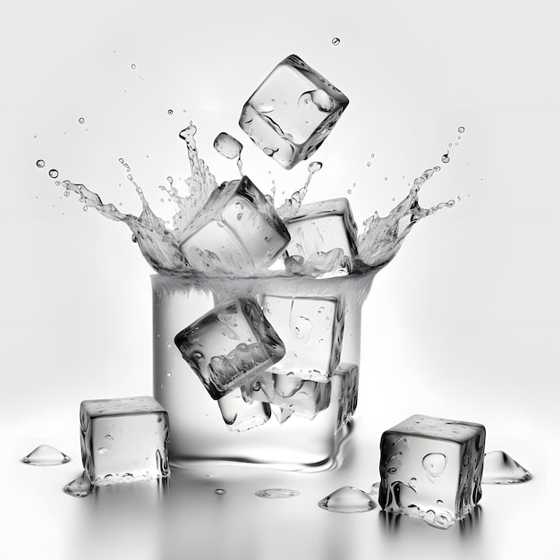 Respingo de água refrescante com cubos de gelo cristalinos em fundo branco