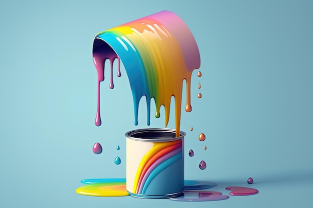 Respingo de arco-íris líquido colorido sobre lata de tinta em fundo azul AI