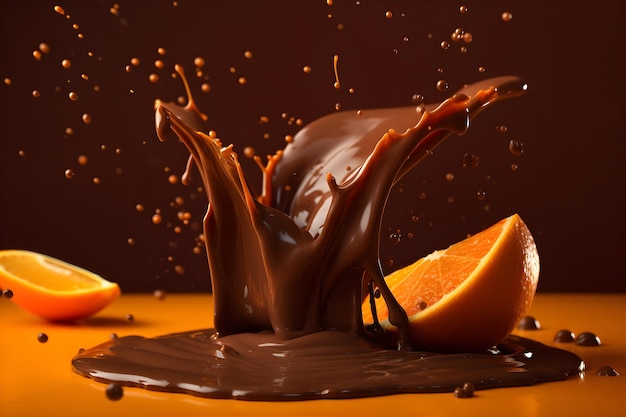 Respingo de chocolate com laranja em fundo laranja com copyspace