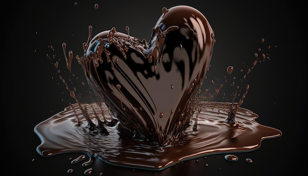 Respingo de chocolate líquido no banner de conceito de amor de chocolate em forma de coração