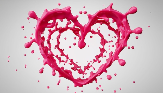 Respingo de creme de suco de morango rosa líquido em forma de coração isolado no fundo branco