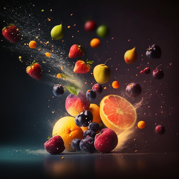 Respingo de frutas e água em fundo preto Generative AI